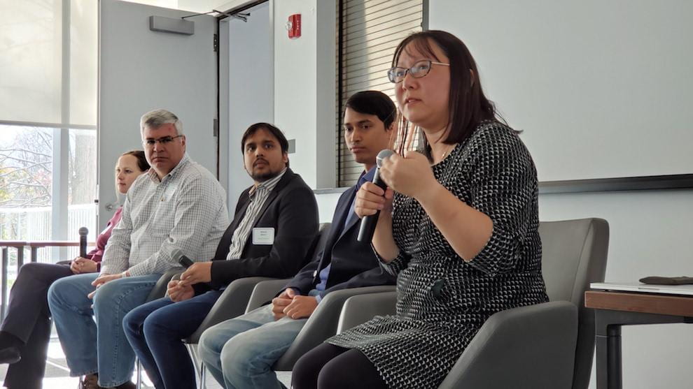 The Session II panelists described their work in the Messy World ecosystem of Digital Agriculture (left to right): Prof. Kirstin Petersen (Cornell), Chris Layer (Moog), Dr. Anand Mishra (Cornell), Dr. Anirudh Badam (Microsoft), Prof. Wendy Ju, (Cornell Tech)